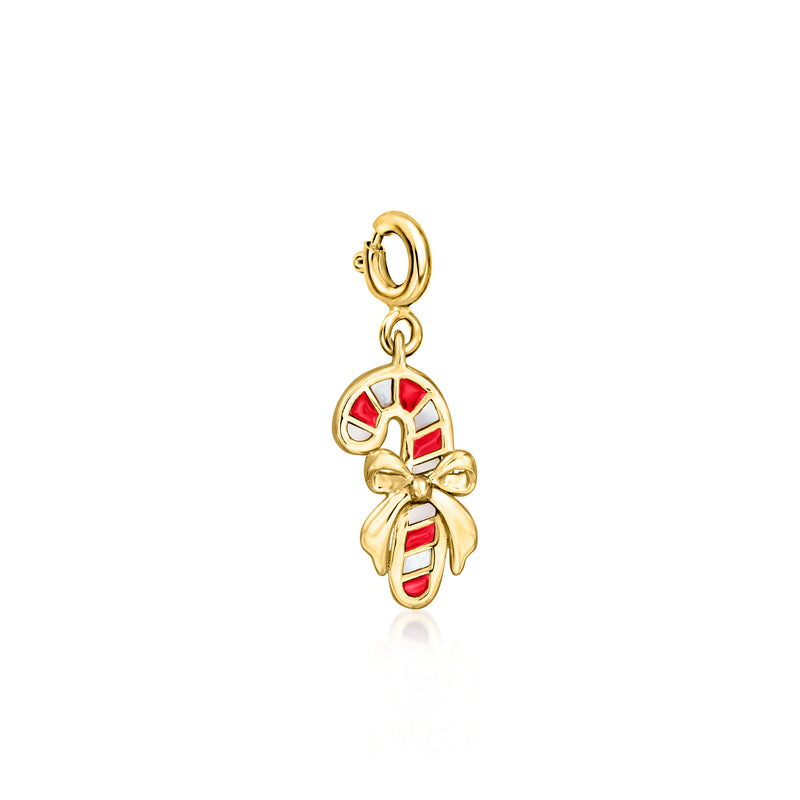 Gold candy cane charm with red enamel and mother-of-pearl accents, hanging loop top