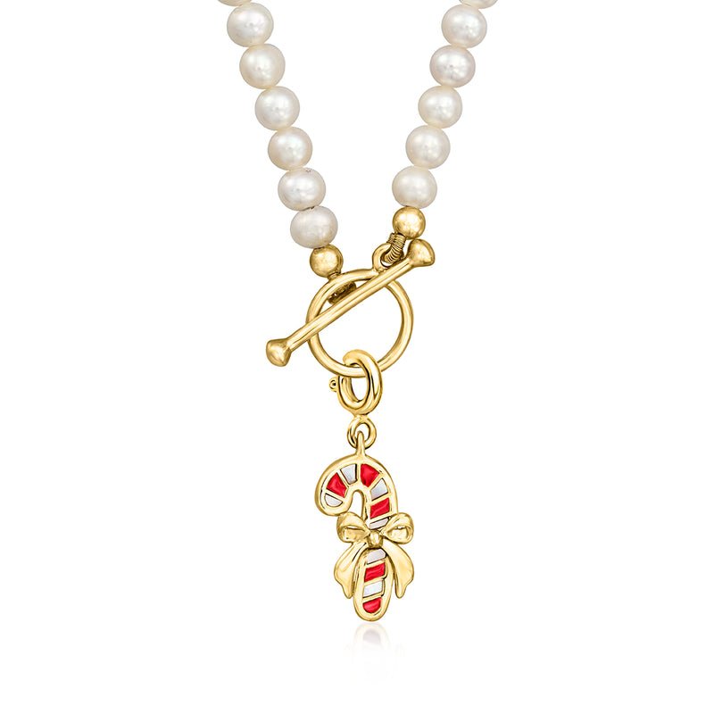 Gold candy cane charm on a pearl beaded chain, with red enamel and mother-of-pearl accents