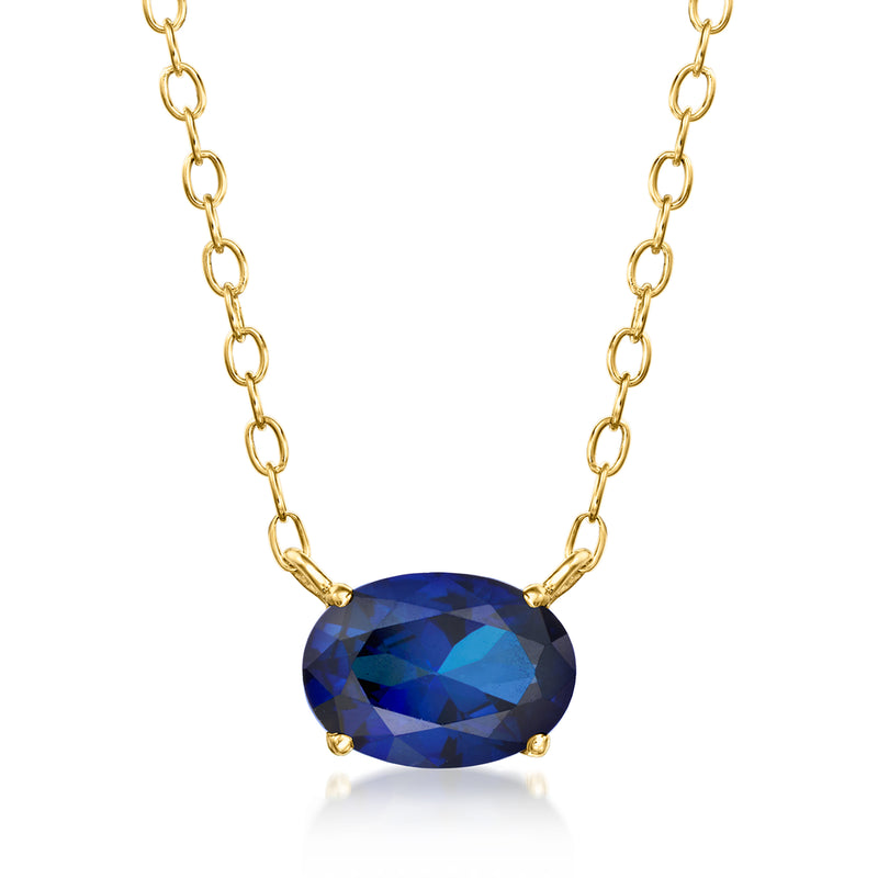 Gold vermeil necklace with oval dark blue sapphire pendant on link chain