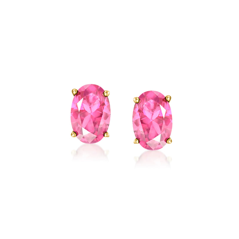 Oval pink sapphire stud earrings with gold vermeil settings, four-prong oval stones.