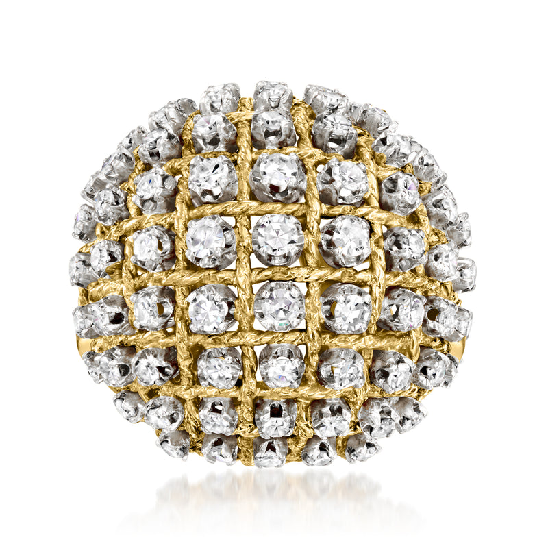 Yellow gold diamond dome ring with pave round stones in a grid setting