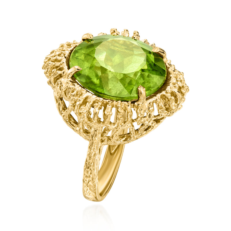 14kt yellow gold peridot ring with round green gemstone, openwork prong halo