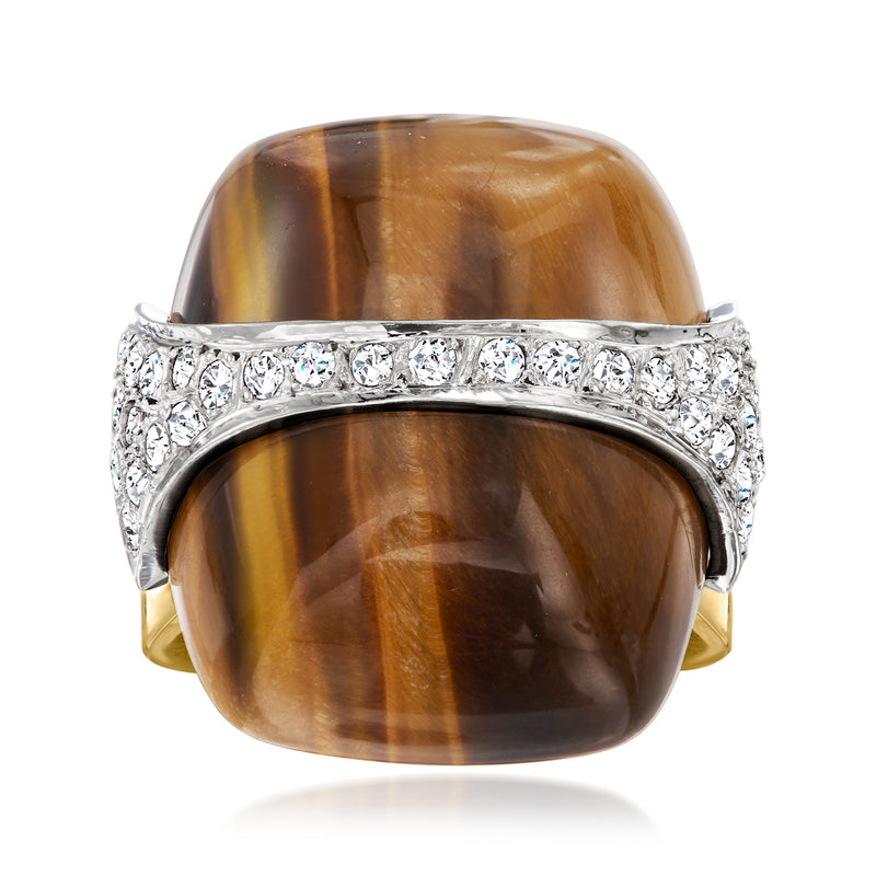 Tiger eye and diamond ring in two-tone gold, cushion-cut stone