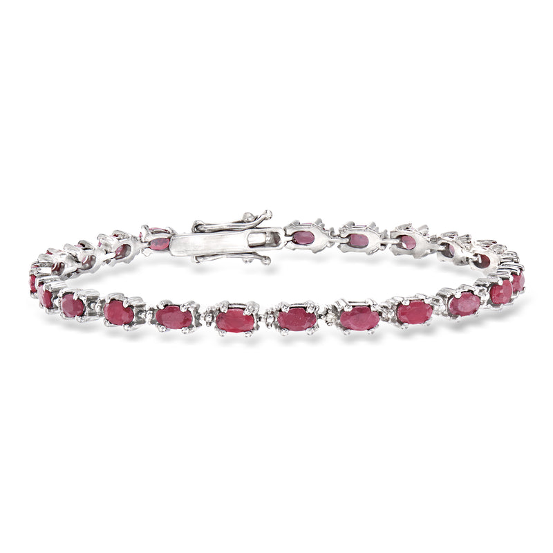 Sterling silver ruby and diamond tennis bracelet with oval rubies and clasp
