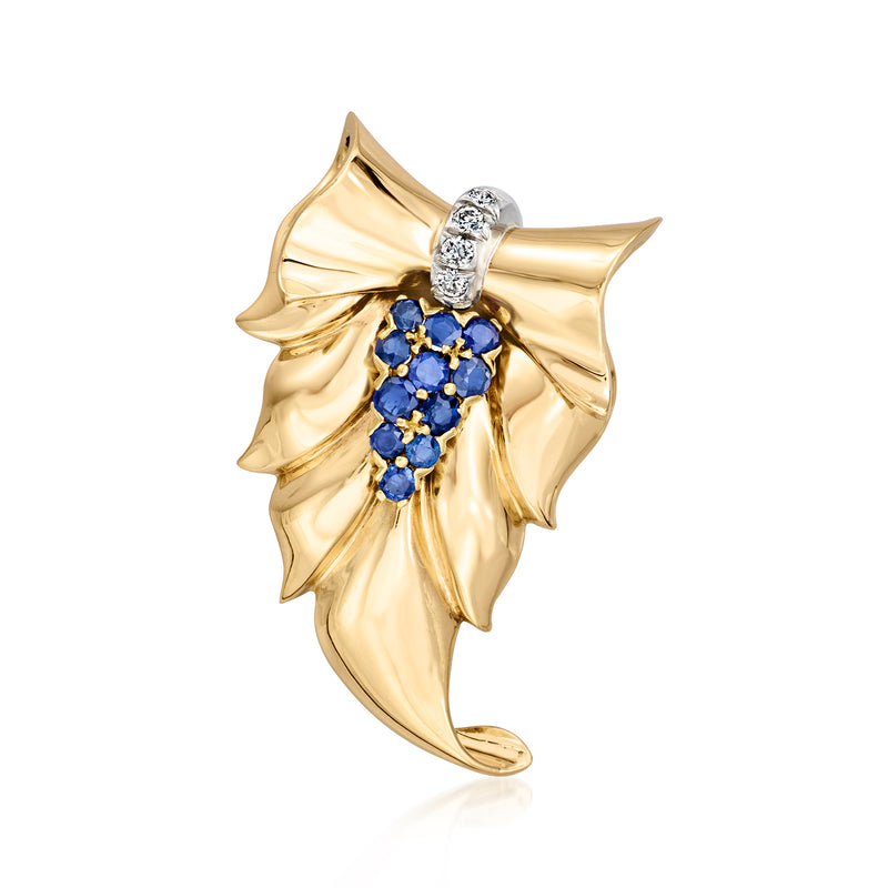 14kt yellow gold bow pin with blue sapphire cluster and diamond accents