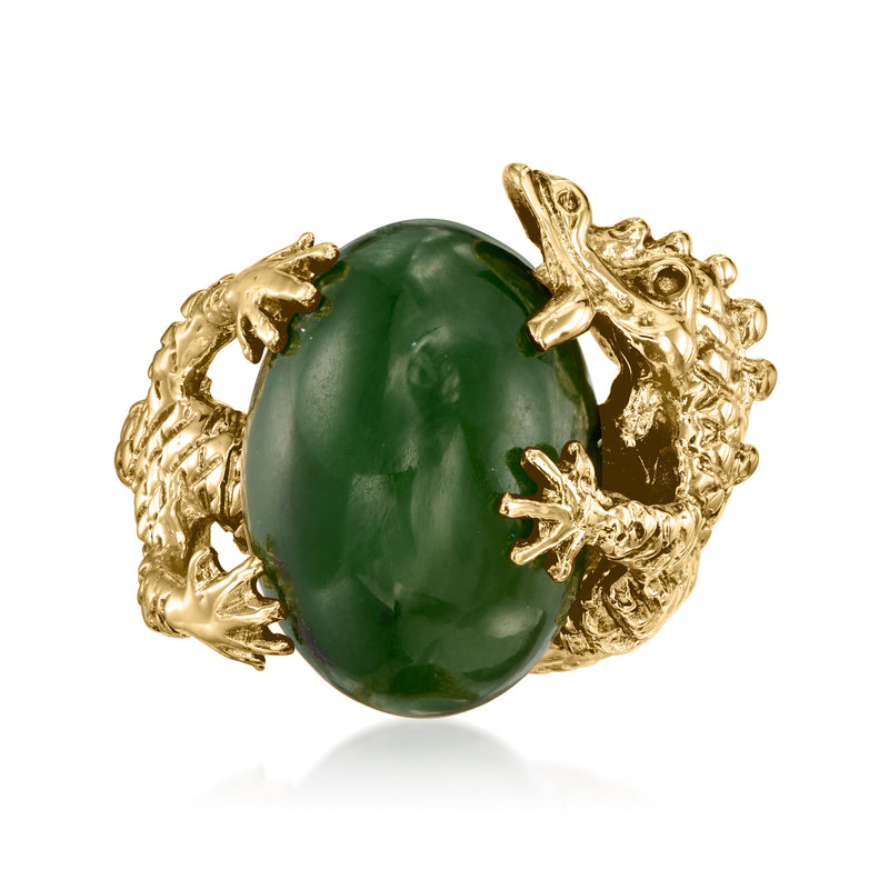 Vintage gold dragon ring with large oval green stone centerpiece