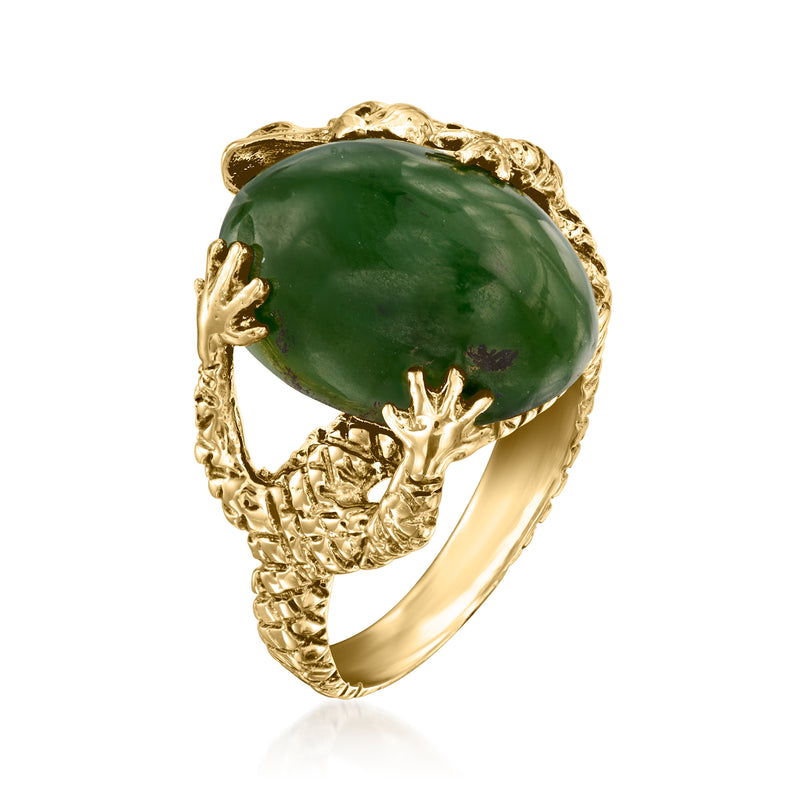 Vintage 14kt yellow gold dragon ring with oval green cabochon and claw details