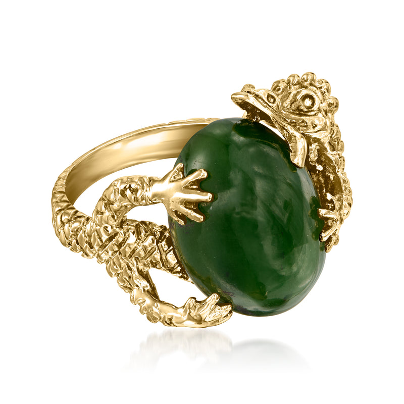 Oval green stone dragon ring in yellow gold, side view with ornate band