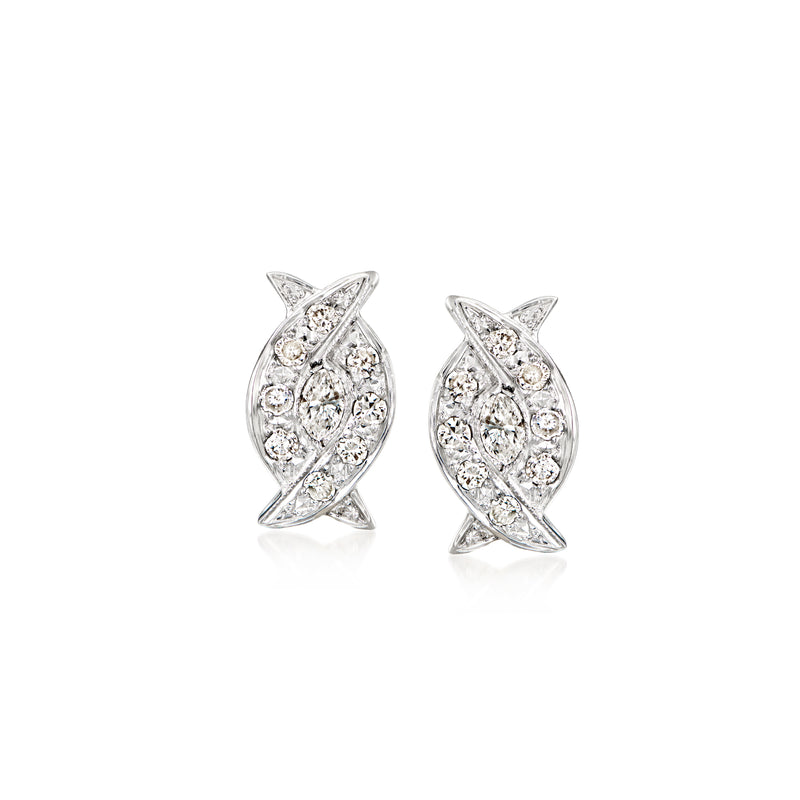 Diamond swirl stud earrings in 18kt white gold, post backs with glittering stones