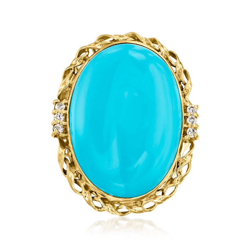 Oval turquoise cocktail ring with diamond halo and ornate 18k yellow gold setting