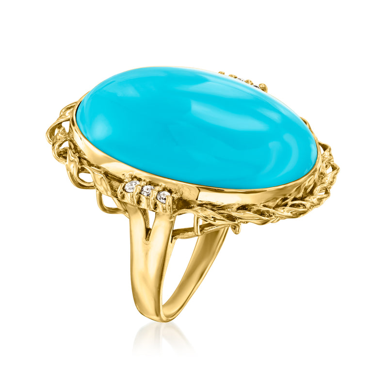 Turquoise oval cocktail ring with diamond accents in ornate 18k yellow gold, side view
