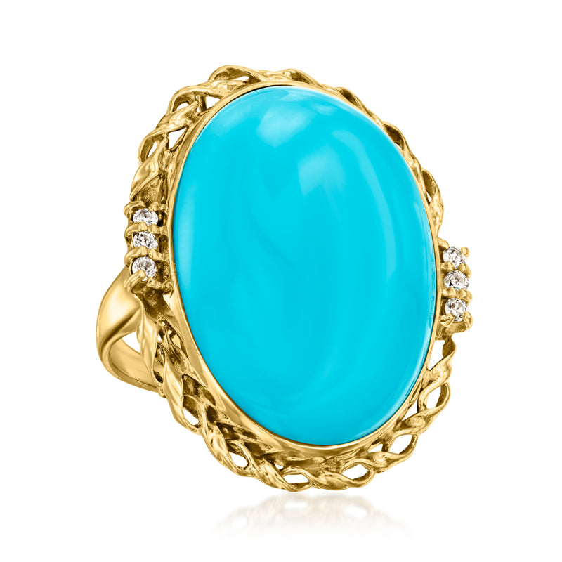 Turquoise oval cabochon cocktail ring with diamond side stones in 18k yellow gold, angled