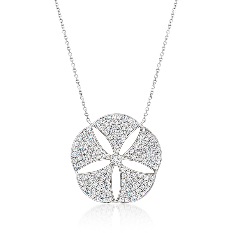 Diamond sand dollar pendant necklace, white gold round bezel with diamond insets