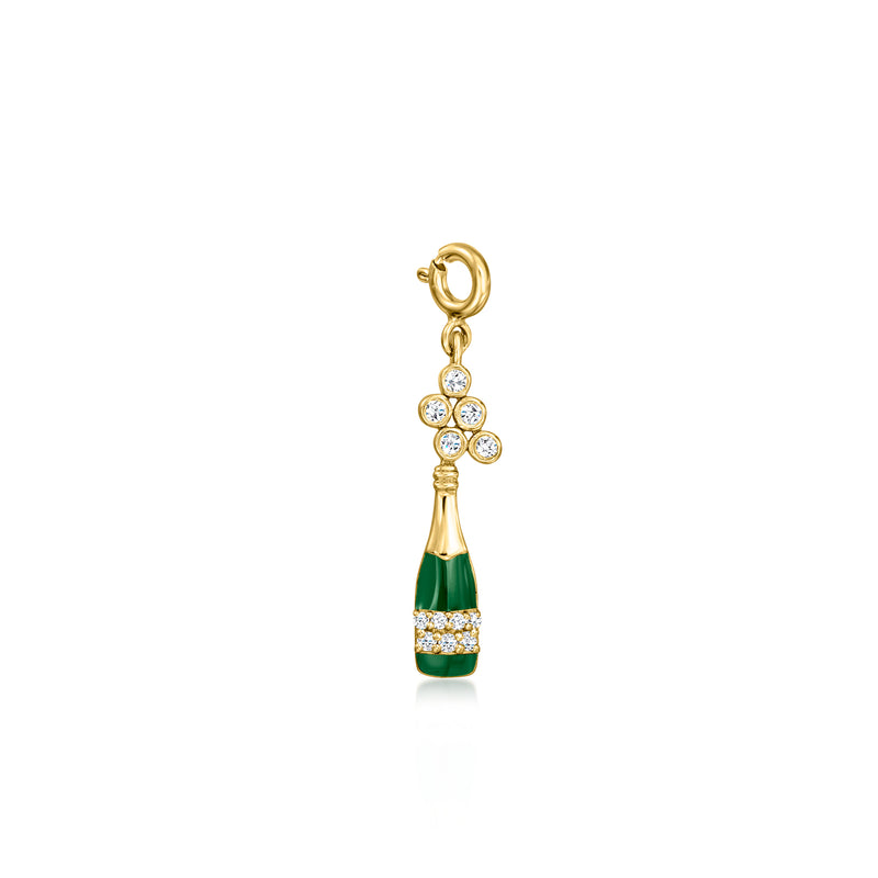 Gold charm with green enamel champagne bottle and white sparkle accents