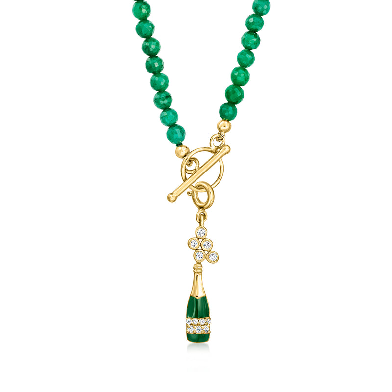 Gold champagne bottle charm with green beaded strand and infinity-style bail