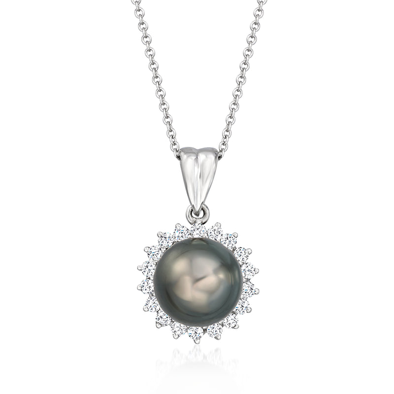 Vintage pendant necklace with black cultured pearl centerpiece and diamond halo on white gold chain