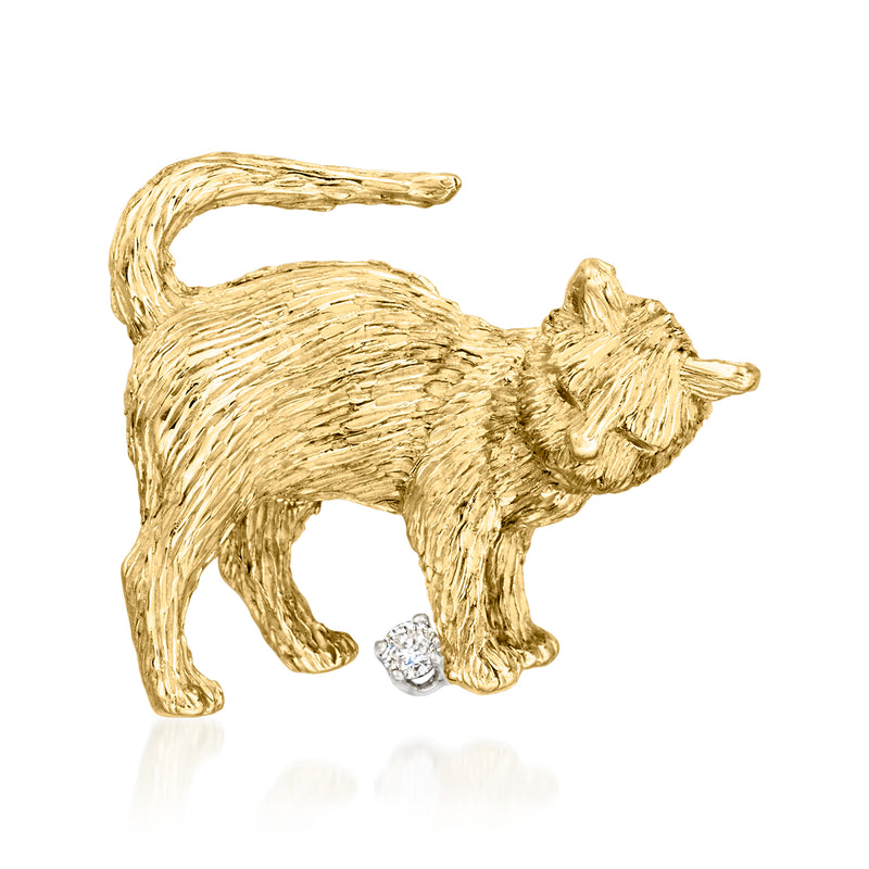 Vintage yellow gold cat pin with single diamond, standing cat figure