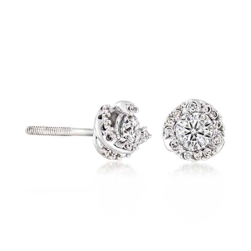 14kt white gold diamond swirl stud earrings with round halo and post backs