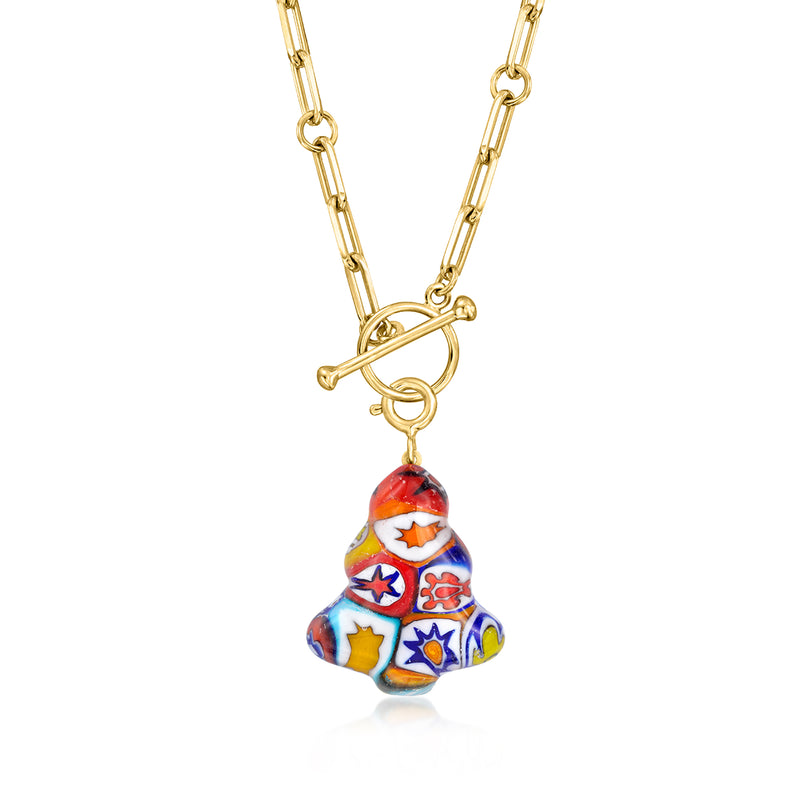 Gold chain necklace strand with multicolored Murano glass Christmas tree charm pendant