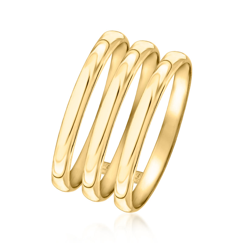 Three-row polished yellow gold stacking ring, angled view