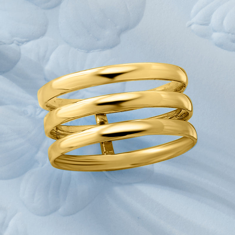 Three-row polished 14kt yellow gold stacking ring with smooth bands