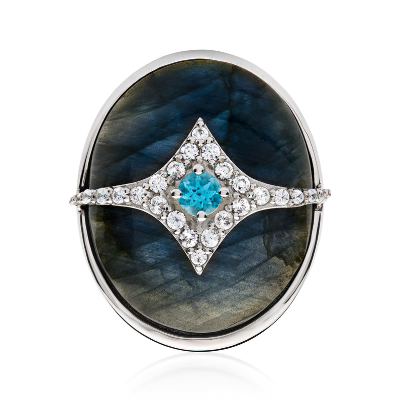Sterling silver ring with oval labradorite stone and blue topaz in diamond-like halo