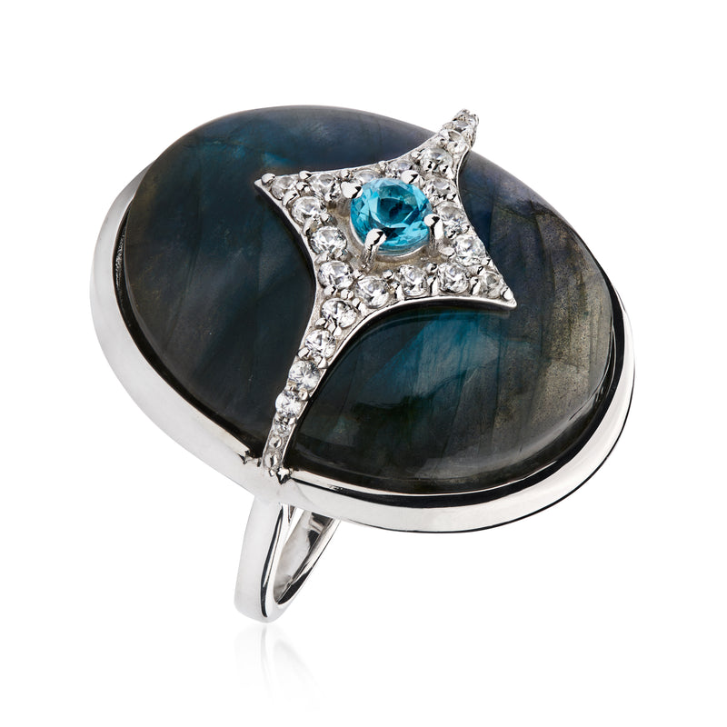 Oval labradorite sterling silver ring with blue center stone framed by white zircons