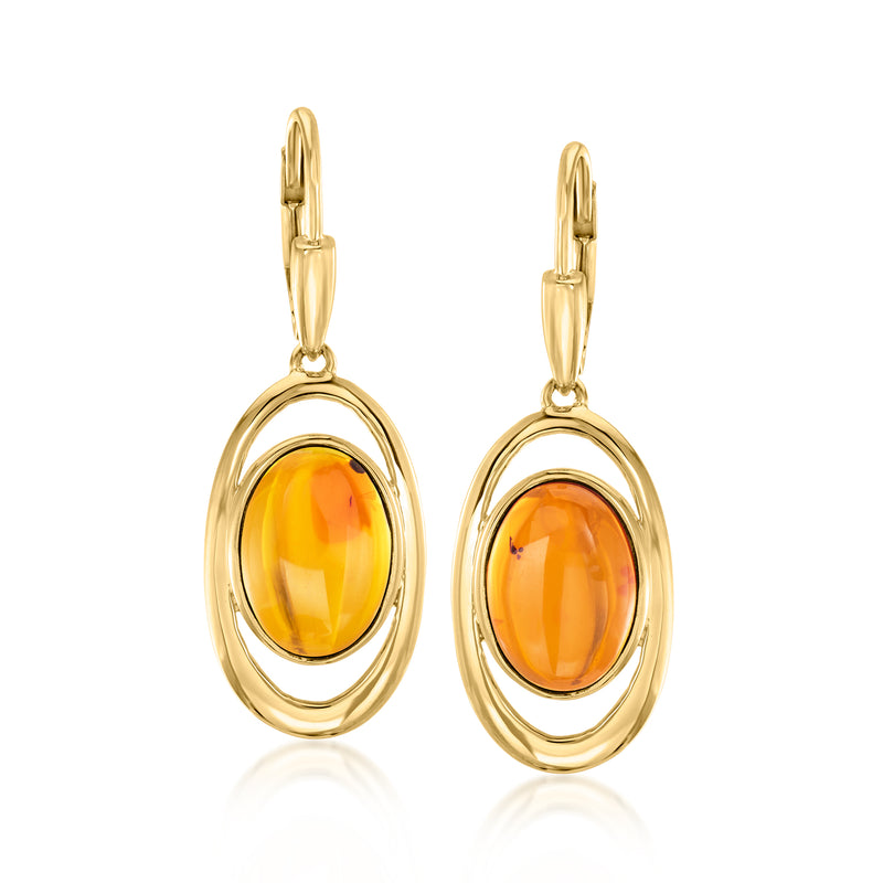 Gold oval amber drop leverback earrings, oval bezel with warm amber center