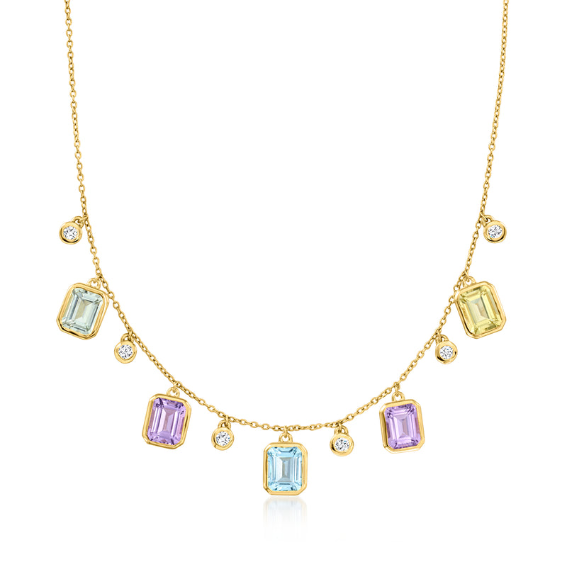 Gold over sterling necklace with multicolor square gemstone charms and diamond accents