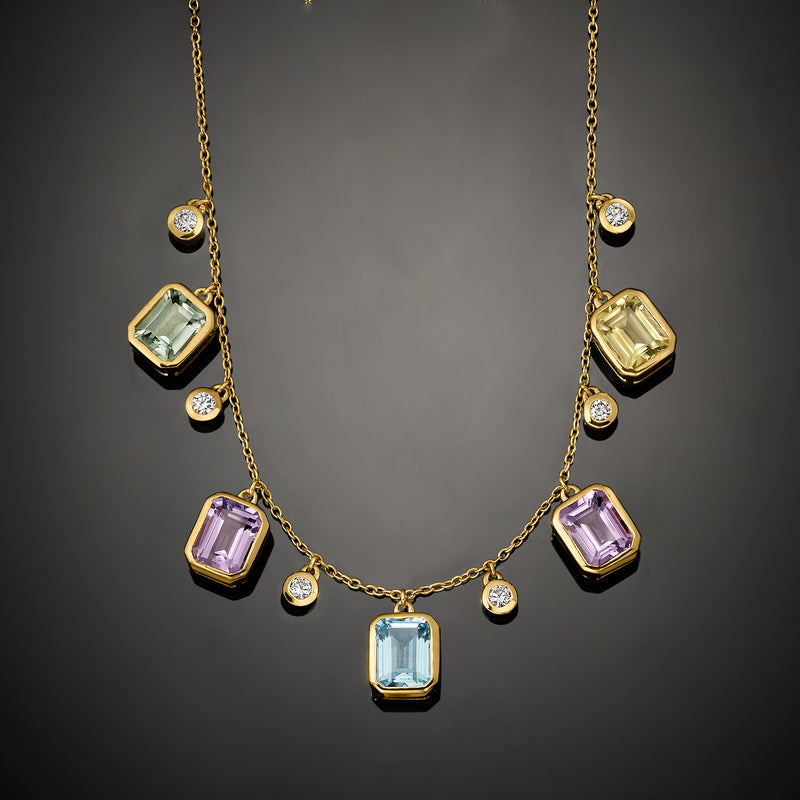 Gold over sterling multi-gemstone pendant necklace with colored square charms and round diamonds