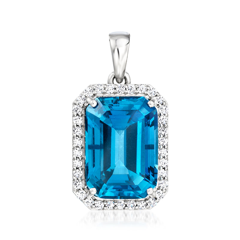 Platinum pendant with large London blue topaz and diamond halo