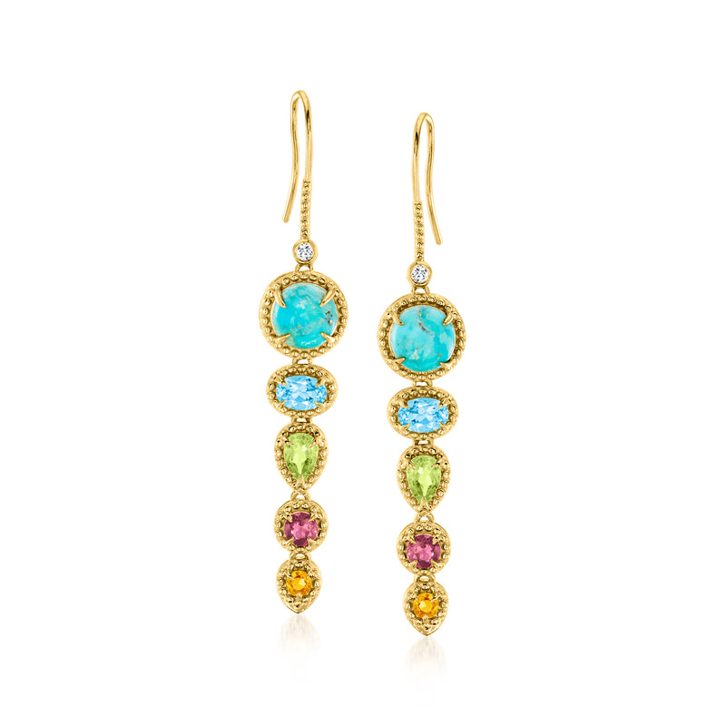 Gold-tone drop earrings with turquoise oval, diamond accents, green, purple, and yellow stones