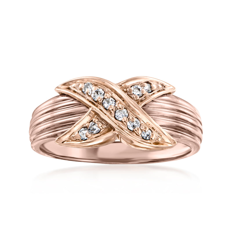 Diamond X ring with round stones on ribbed rose-gold band, 14kt two-tone