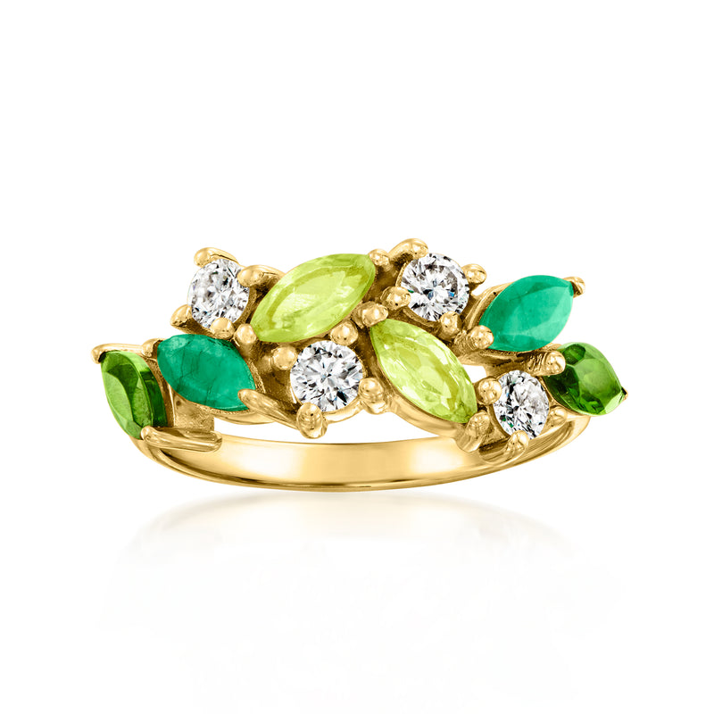 Gold cluster ring with oval green gemstones and round clear stones, split band setting