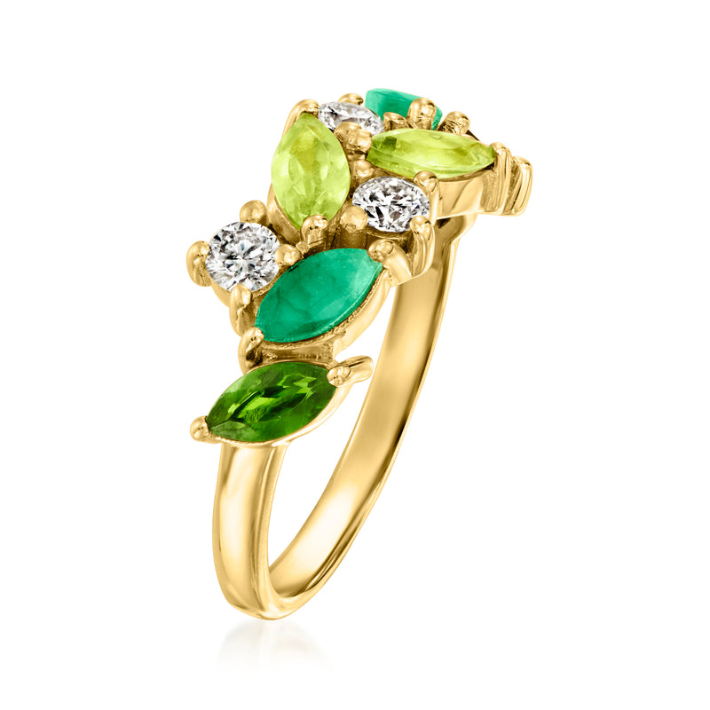 Gold gemstone cluster ring with green oval stones and sparkling round accents, side view