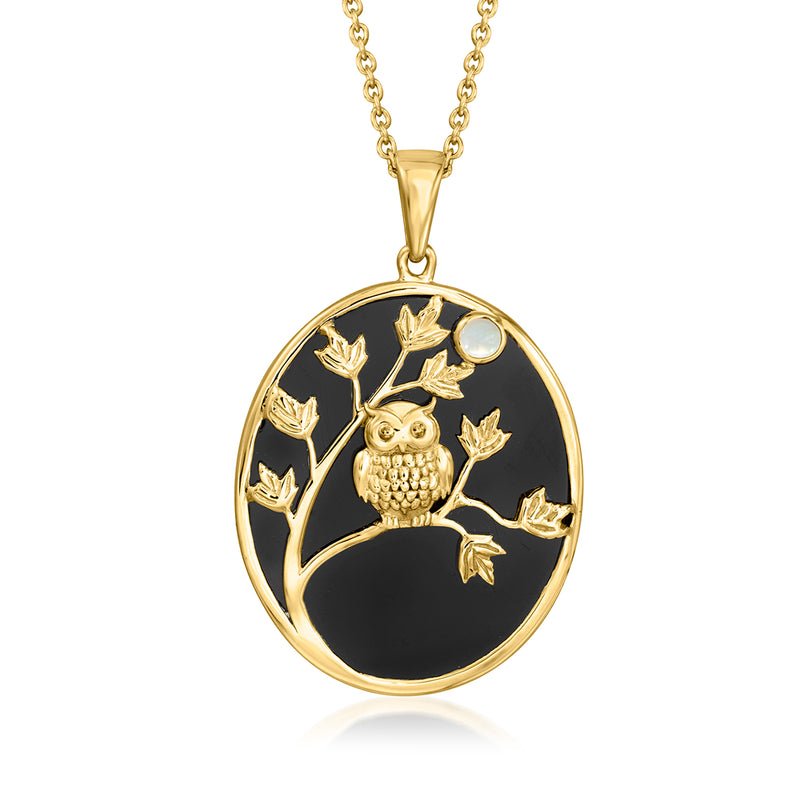 Gold owl pendant necklace with oval onyx-look center and mother-of-pearl leaves