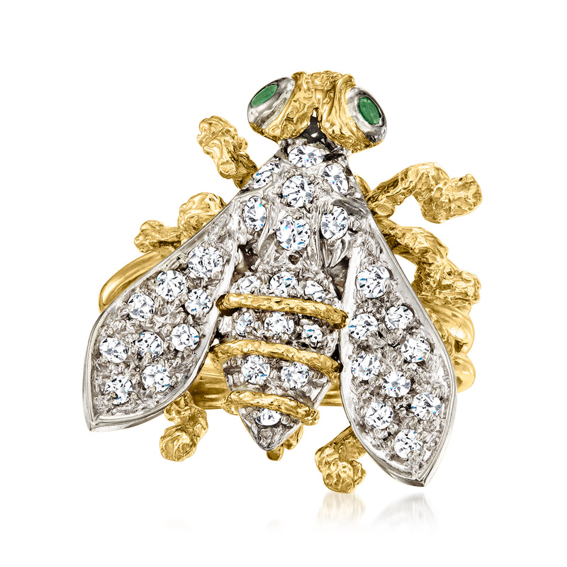 Vintage diamond and emerald bumblebee pin-ring in two-tone gold