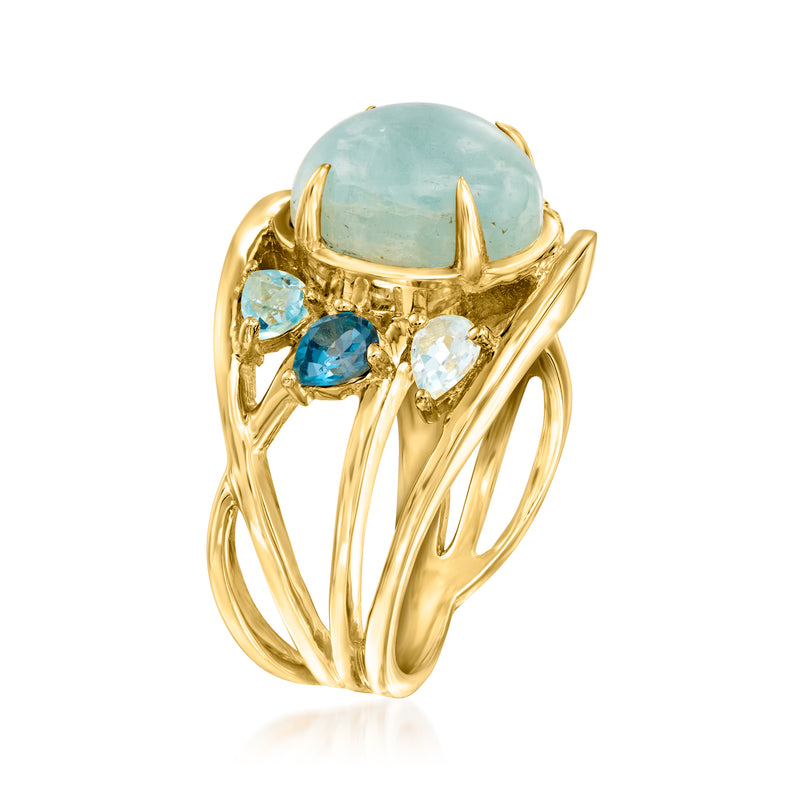 Gold-tone ring with oval aquamarine centerpiece and blue gemstone cluster under prongs