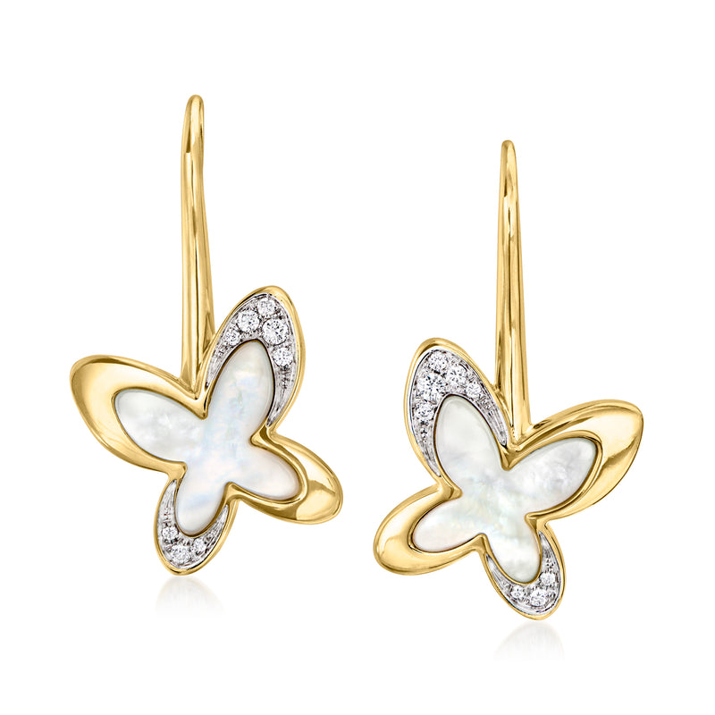 18k yellow gold butterfly drop earrings with mother-of-pearl wings and diamond accents