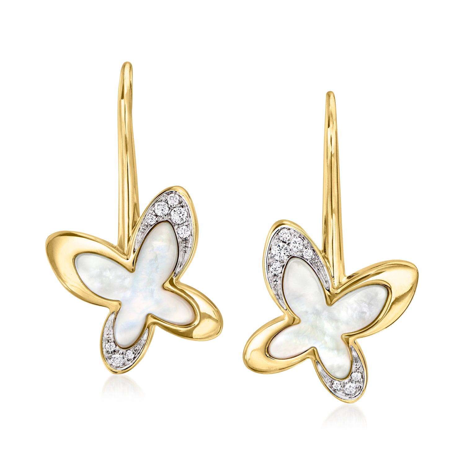 C. 1990 Vintage Mimi Milano Mother-of-Pearl Butterfly Drop Earrings with .15 ct. t.w. Diamonds in 18kt Yellow Gold