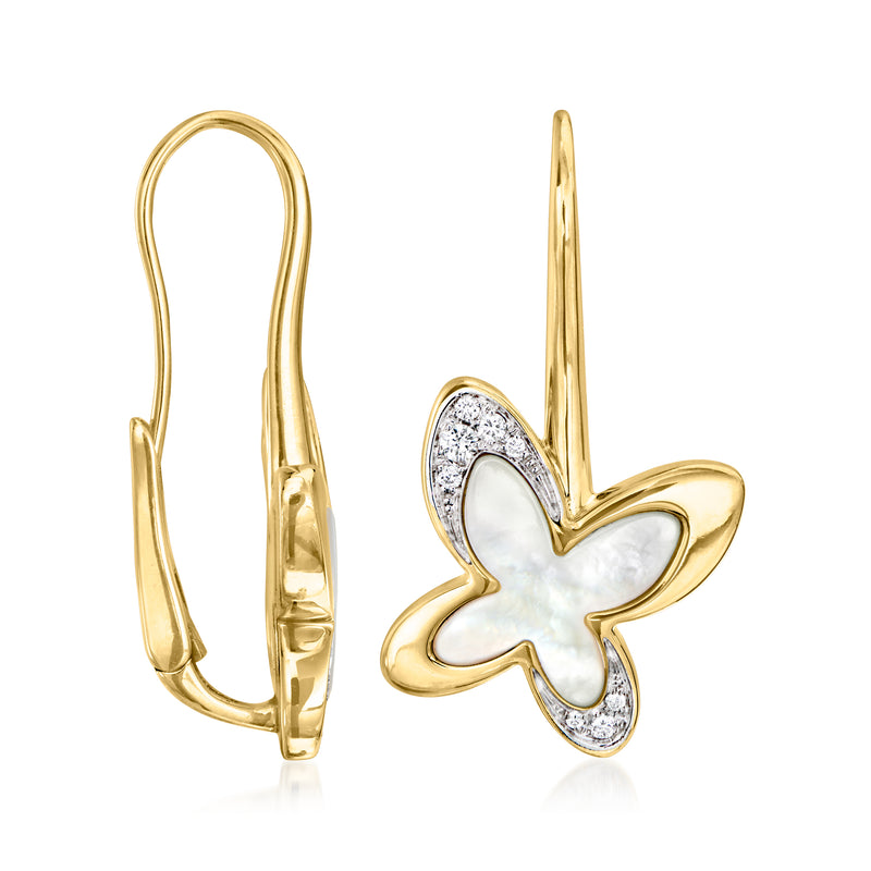 Yellow gold butterfly drop earrings with mother-of-pearl wings and leverback clasp