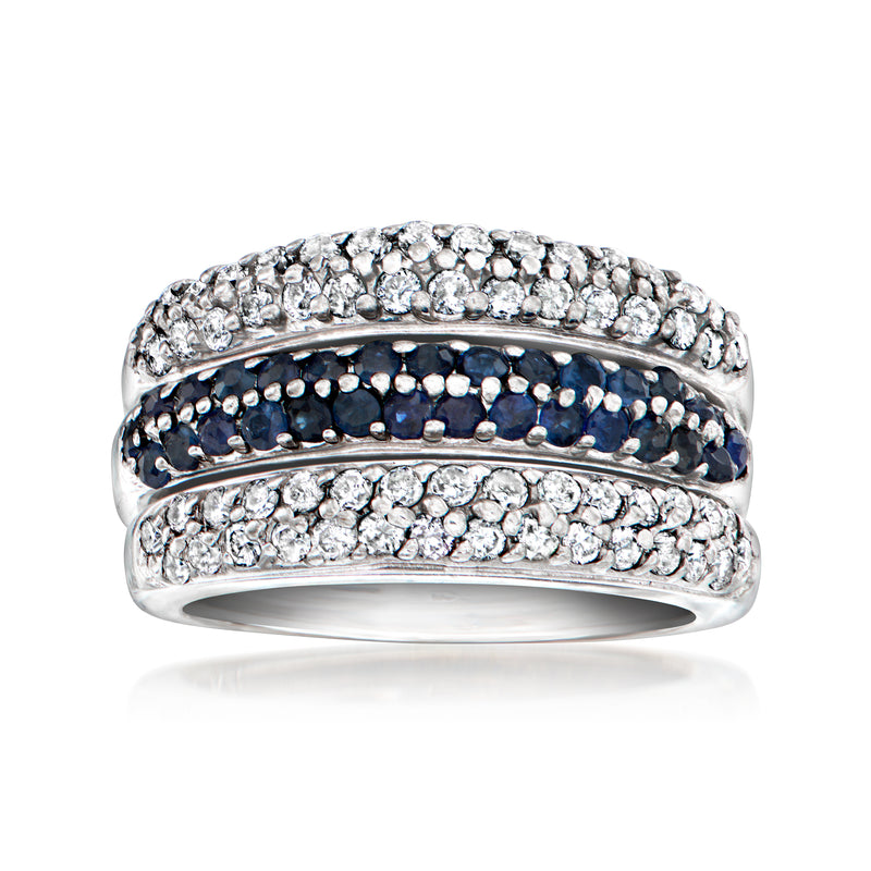 14kt white gold diamond and sapphire three-row band ring, blue center accents