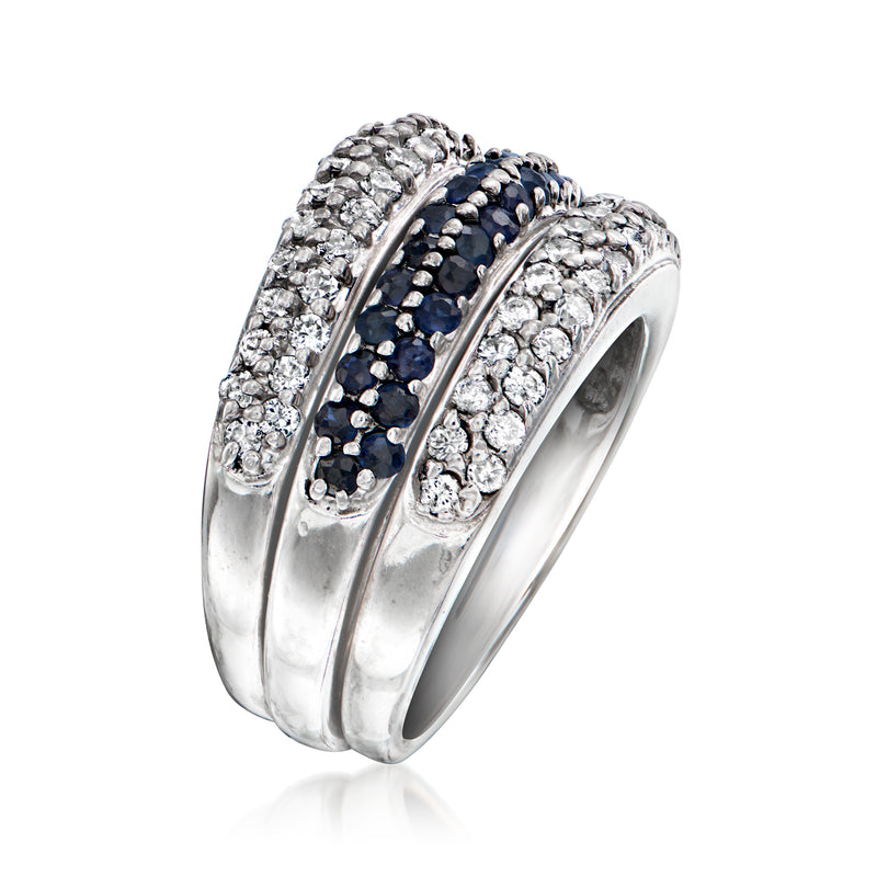 Vintage 14kt white gold ring with diamond and sapphire pavé bands
