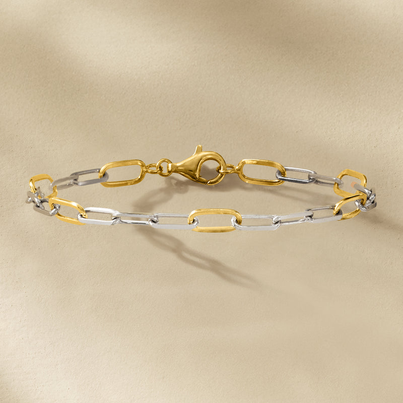 Sterling silver and 18kt gold over paperclip-style link bracelet with center clasp