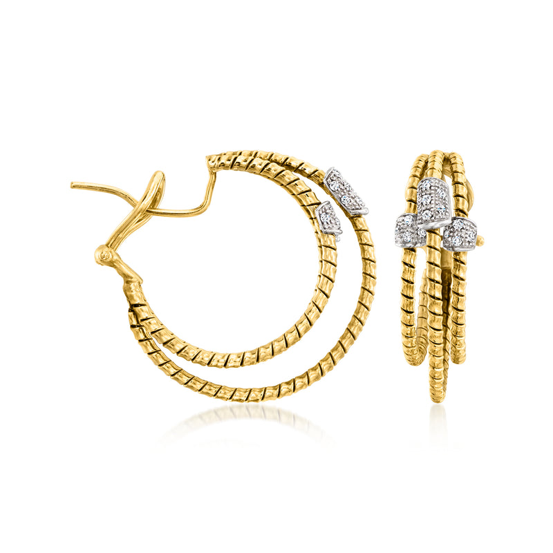 18kt yellow gold triple-hoop diamond earrings, one open and one closed