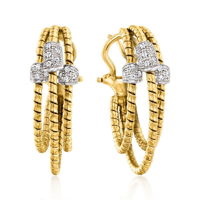 Triple-hoop diamond earrings in 18kt yellow gold, shown front and side