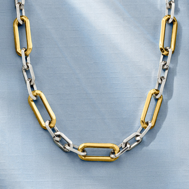 Mixed metal paper clip link necklace with gold-toned rectangular centerpiece link