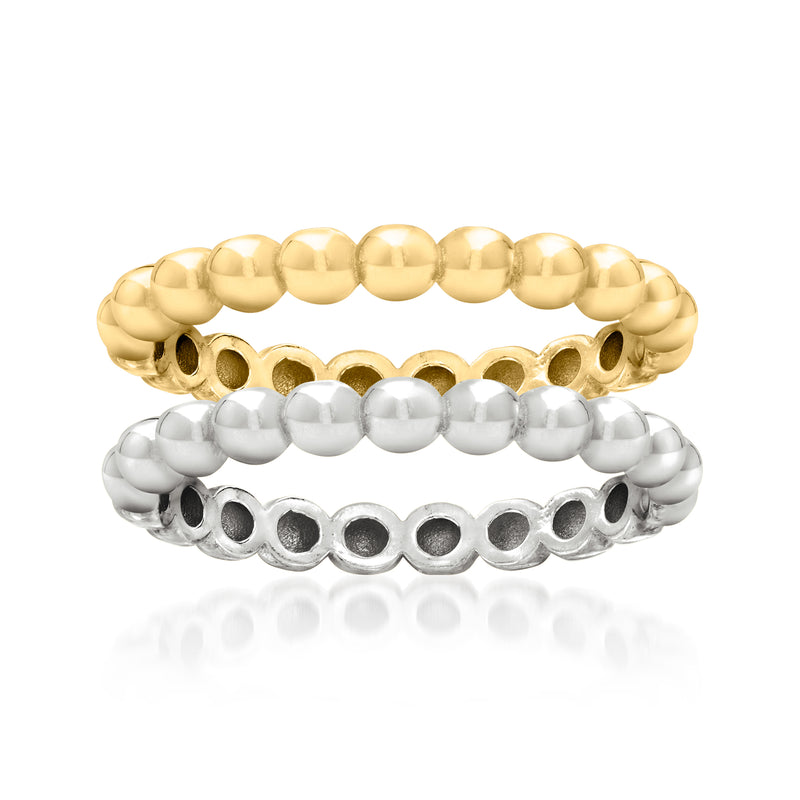 Gold-tone and silver beaded stack rings, set of two with rounded bead bands