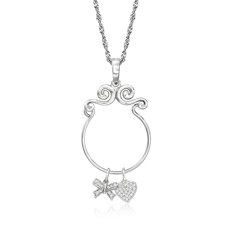 Sterling silver scrolled charm holder pendant with two dangling heart charms