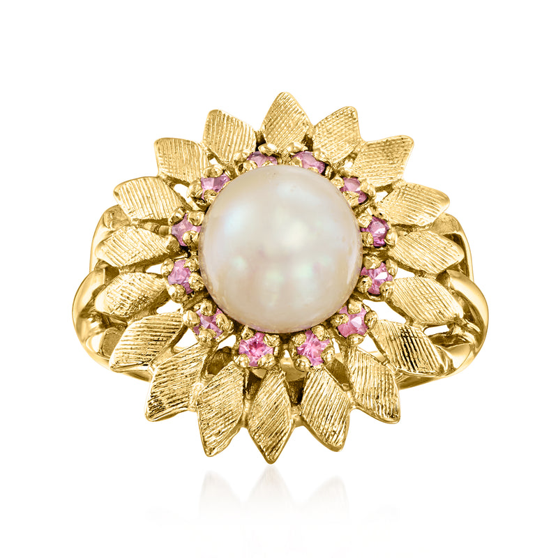 14kt yellow gold flower ring with large cultured pearl center and pink sapphire accents